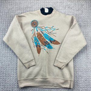 Vintage Sweater Women Large L Brown Felt Craft Print Native American 1993 LYNEE